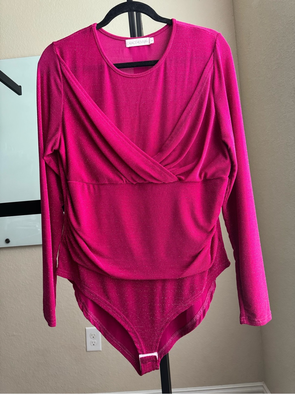 Grace In LA Fuchsia Long Sleeve Surplice Bodysuit